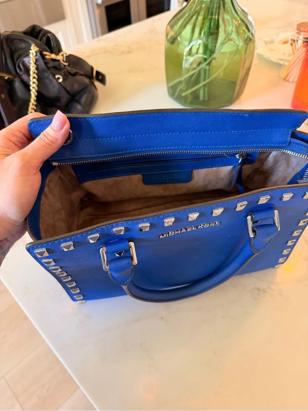 Michael Kors Royal Blue Studded Saffiano Satchel